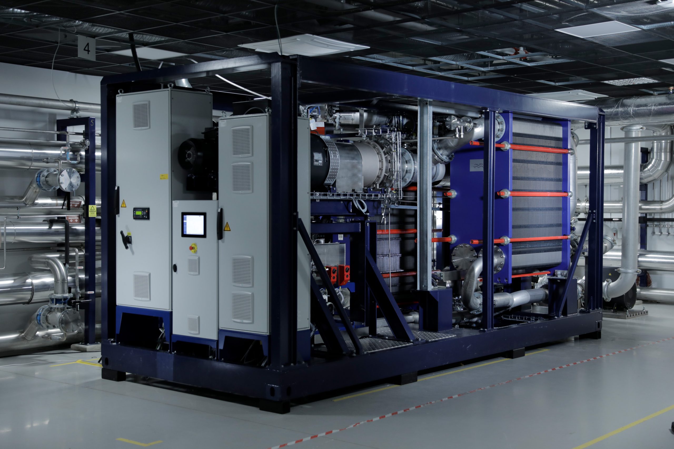 A diagonal view of a Climeon HeatPower 300 unit in an industrial environment.