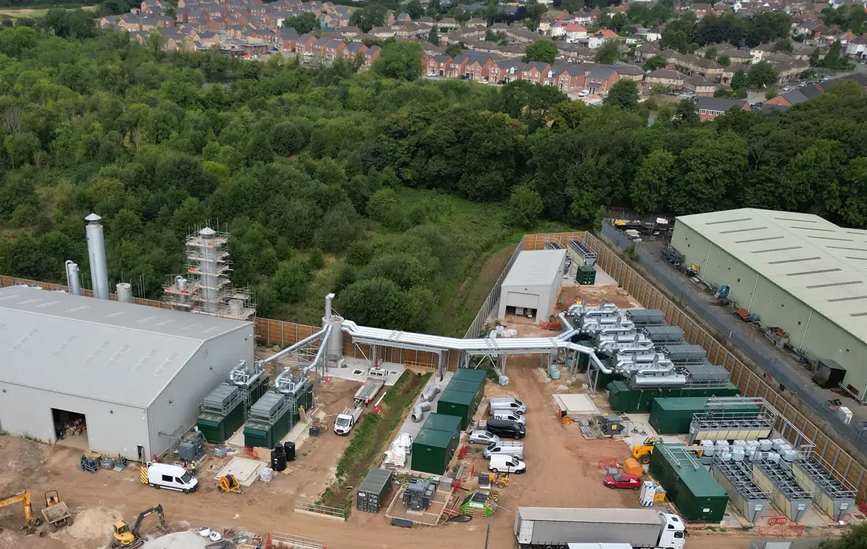 Aerial view of Rhodesia genset power plant, featuring ORC waste heat recovery and carbon capture for flexible, low-carbon energy generation.
